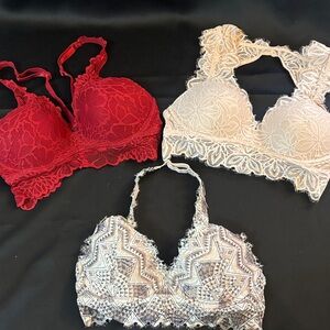PINK VS  Lace Push Up Bralette Set - Red, Peach, Geometrical-Set of 3- Size M